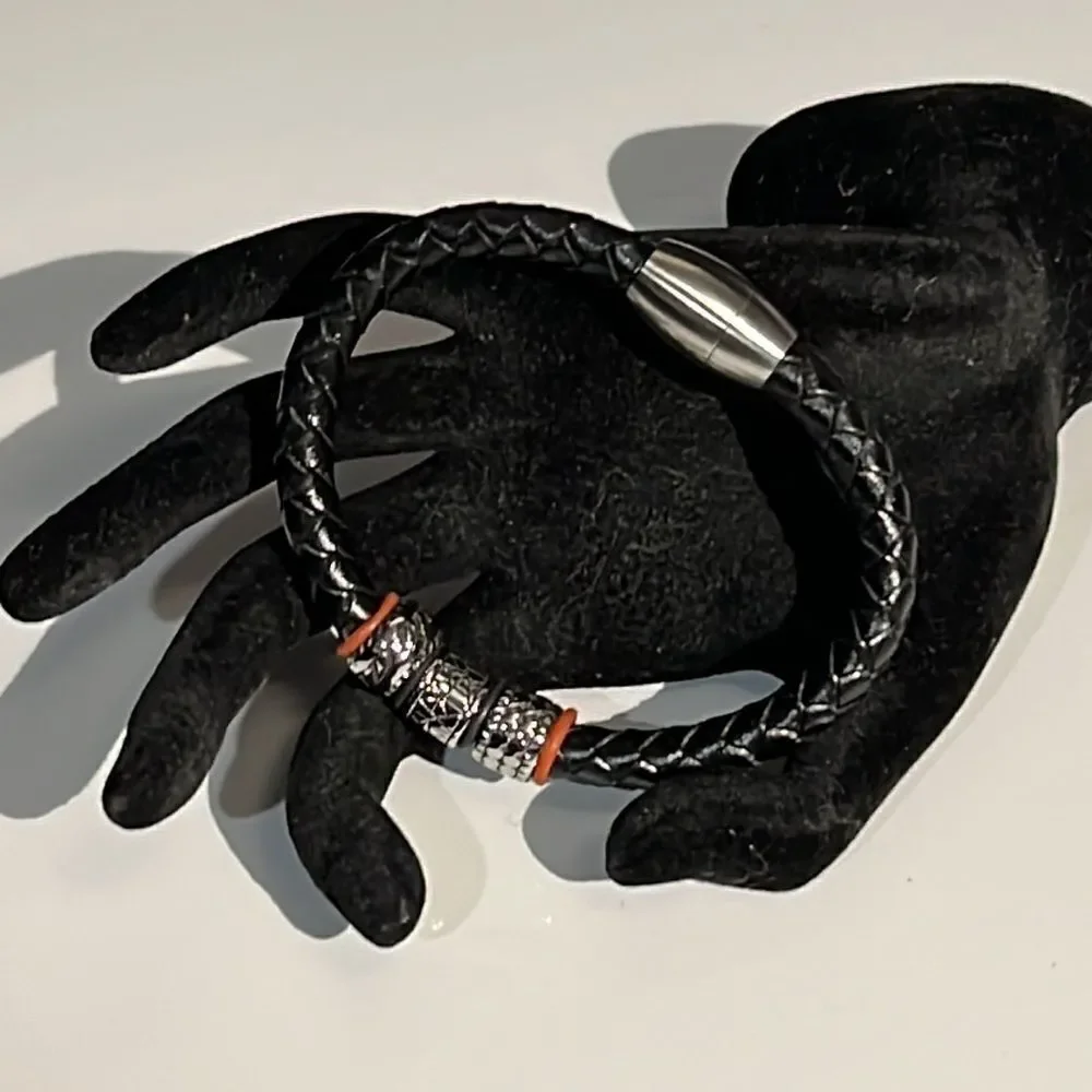 Braided Leather Bracelet Silver Tone & Red | Magnet Clasp